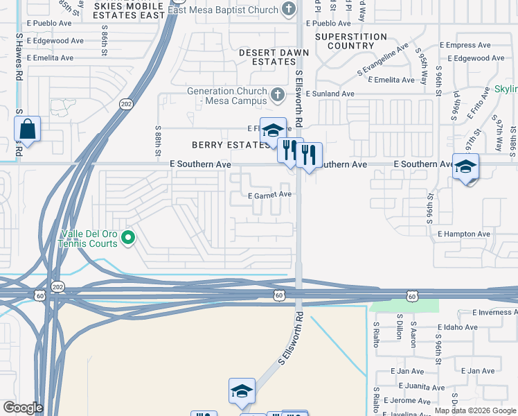 map of restaurants, bars, coffee shops, grocery stores, and more near 1316 South Roseann in Mesa