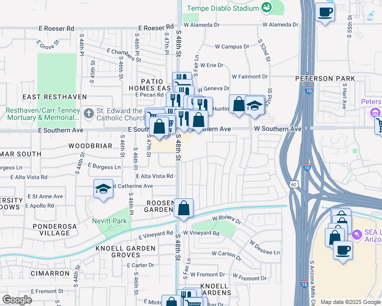 map of restaurants, bars, coffee shops, grocery stores, and more near 2741 West Southern Avenue in Tempe