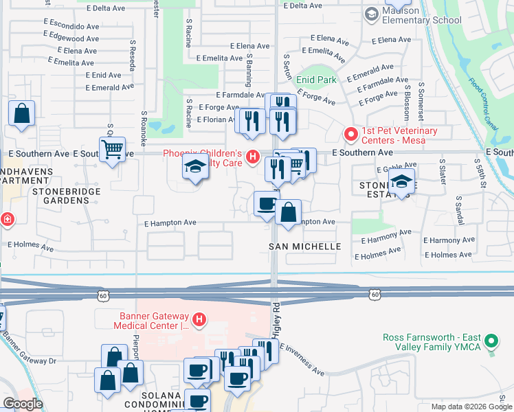 map of restaurants, bars, coffee shops, grocery stores, and more near 5120 East Hampton Avenue in Mesa