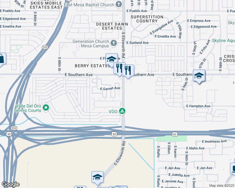 map of restaurants, bars, coffee shops, grocery stores, and more near 1320 South Providence Circle in Mesa