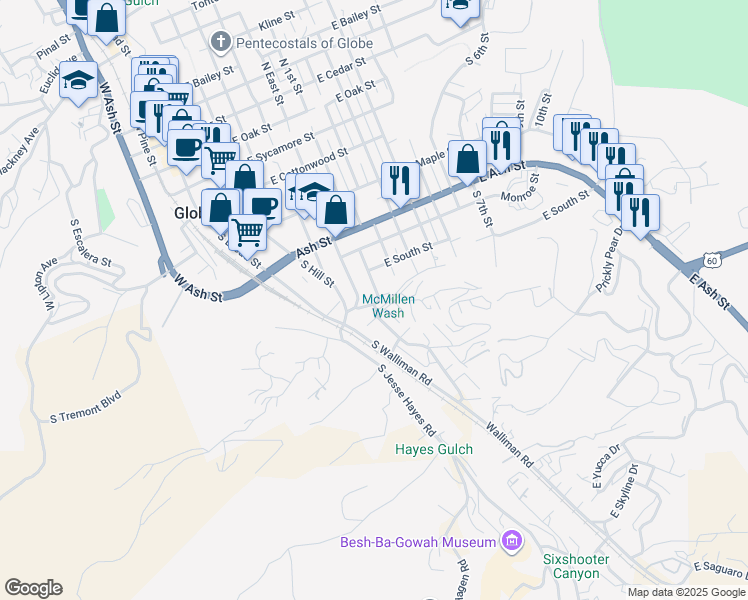 map of restaurants, bars, coffee shops, grocery stores, and more near 707 South East Street in Globe