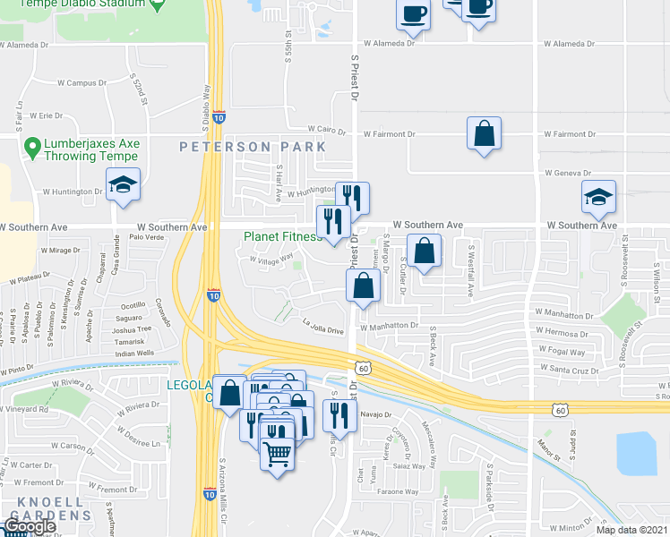 map of restaurants, bars, coffee shops, grocery stores, and more near 3320 West Southern Avenue in Tempe