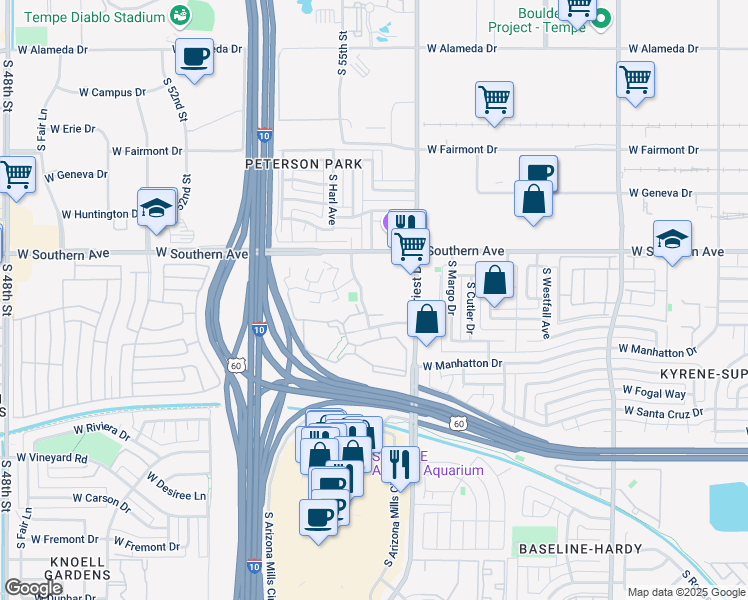 map of restaurants, bars, coffee shops, grocery stores, and more near 1600 La Jolla Drive in Tempe