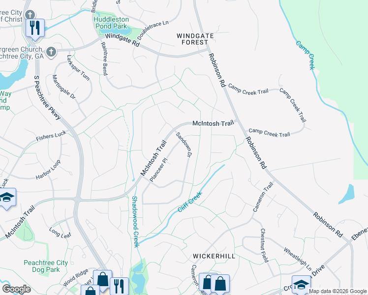 map of restaurants, bars, coffee shops, grocery stores, and more near 102 Mantel Court in Peachtree City