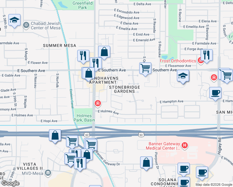 map of restaurants, bars, coffee shops, grocery stores, and more near 4526 East Grove Avenue in Mesa