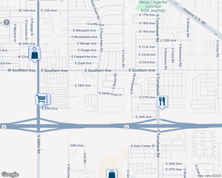 map of restaurants, bars, coffee shops, grocery stores, and more near 963 East Pima Avenue in Apache Junction