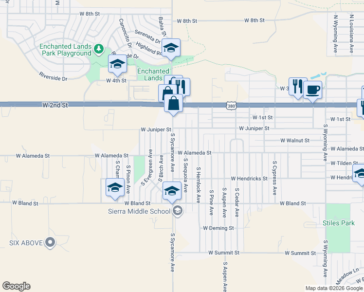 map of restaurants, bars, coffee shops, grocery stores, and more near 301-399 S Sequoia Ave in Roswell