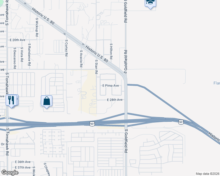 map of restaurants, bars, coffee shops, grocery stores, and more near 2926 East Pima Avenue in Apache Junction