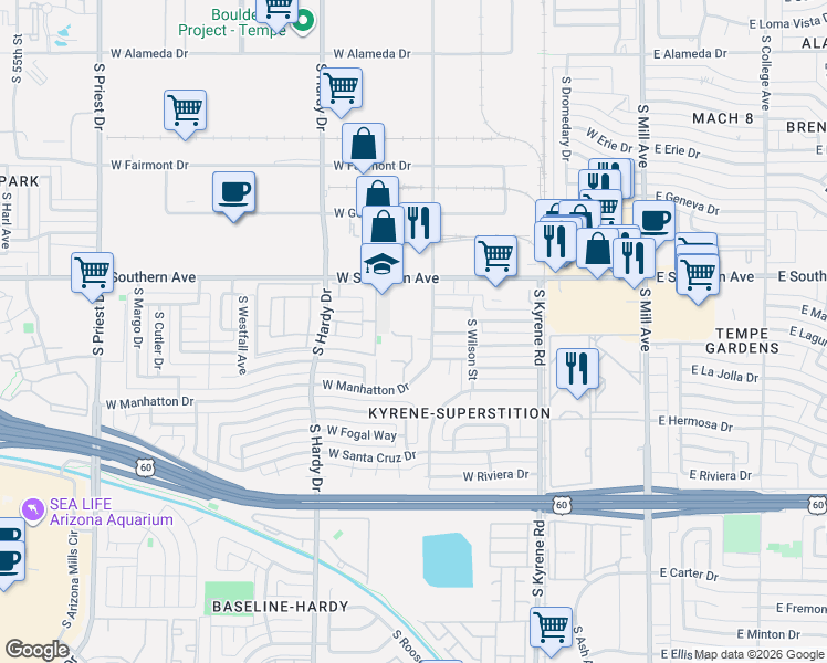 map of restaurants, bars, coffee shops, grocery stores, and more near 3412 South Roosevelt Street in Tempe