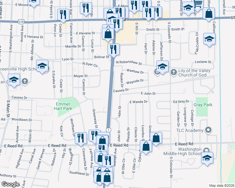 map of restaurants, bars, coffee shops, grocery stores, and more near 1044-1048 Margaret Boulevard in Greenville