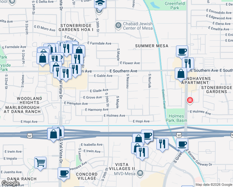 map of restaurants, bars, coffee shops, grocery stores, and more near 1257 South Maple in Mesa