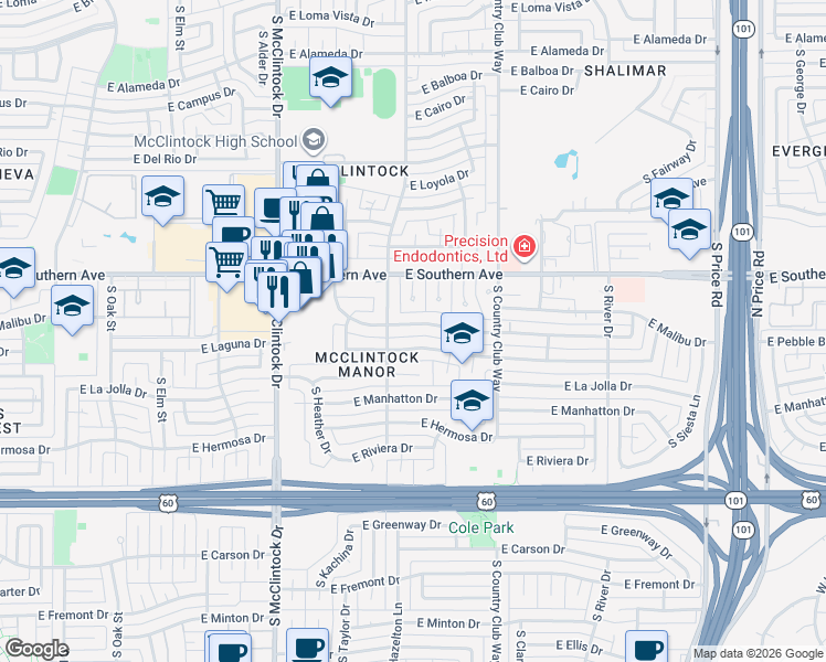 map of restaurants, bars, coffee shops, grocery stores, and more near 1910 East Laguna Drive in Tempe