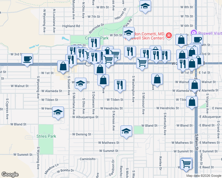 map of restaurants, bars, coffee shops, grocery stores, and more near 206 South Kansas Avenue in Roswell