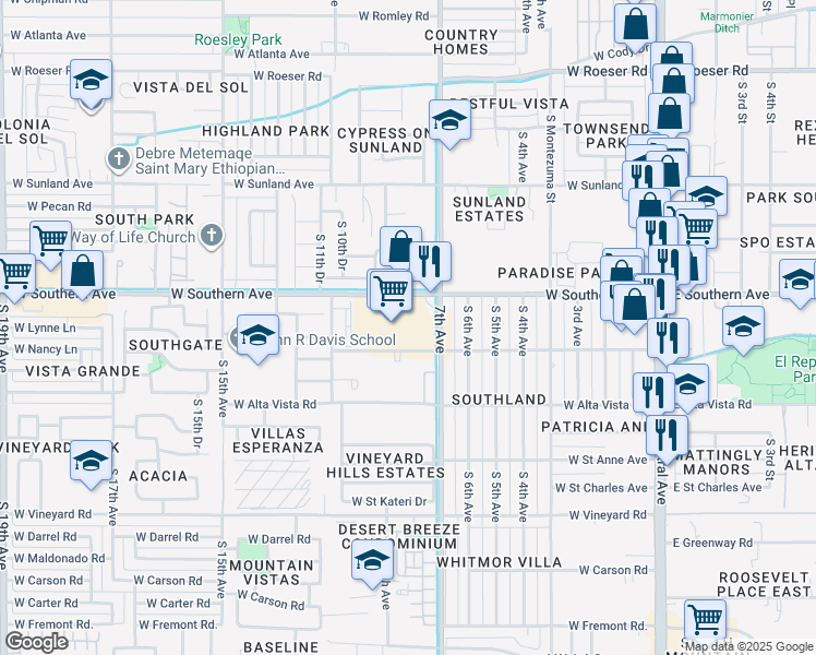 map of restaurants, bars, coffee shops, grocery stores, and more near 825 West Southern Avenue in Phoenix