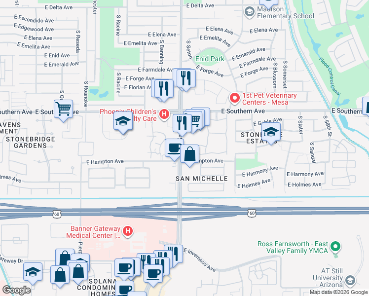 map of restaurants, bars, coffee shops, grocery stores, and more near 5210 East Hampton Avenue in Mesa