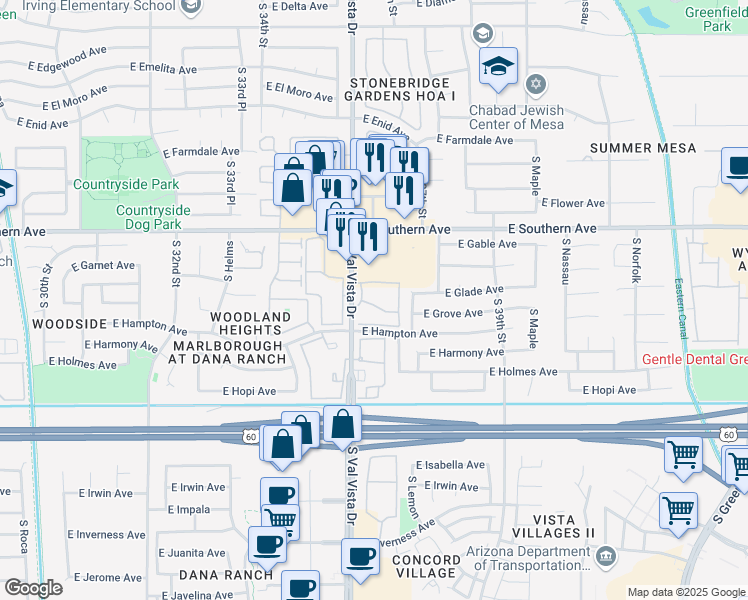 map of restaurants, bars, coffee shops, grocery stores, and more near 1313 South Val Vista Drive in Mesa