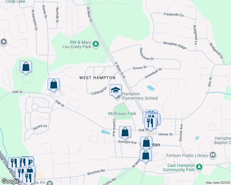 map of restaurants, bars, coffee shops, grocery stores, and more near 20 Porter Circle in Hampton