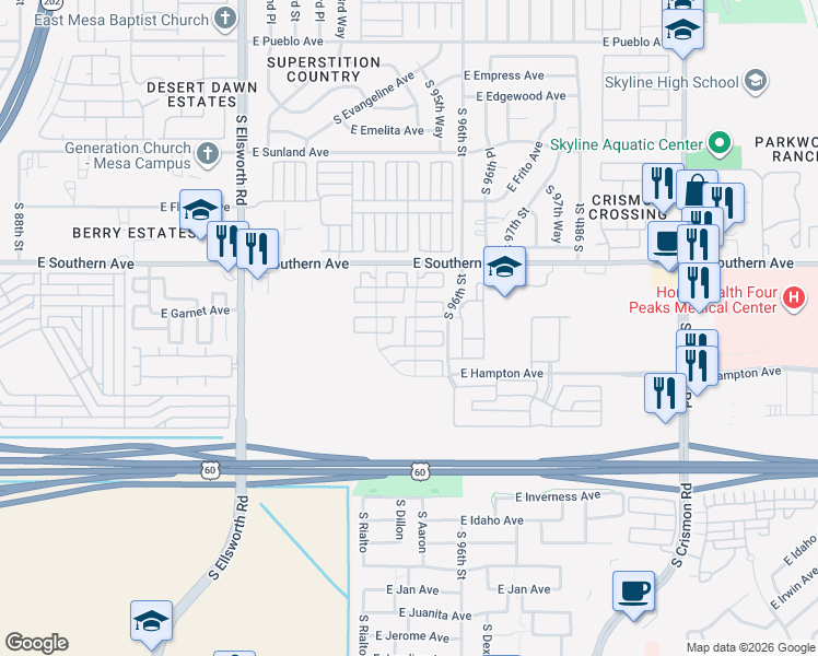 map of restaurants, bars, coffee shops, grocery stores, and more near 291 South Aaron in Mesa