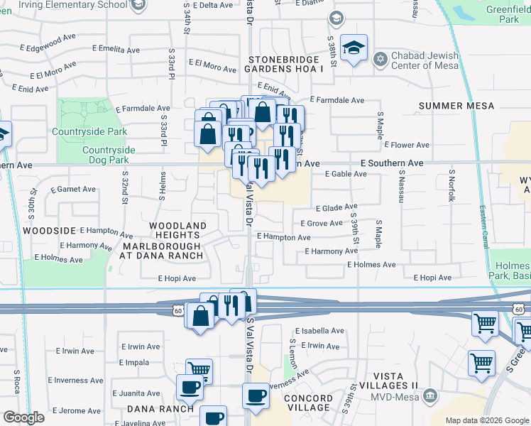 map of restaurants, bars, coffee shops, grocery stores, and more near 1313 South Val Vista Drive in Mesa