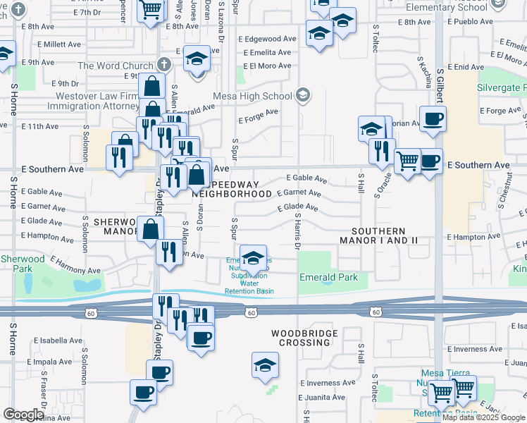 map of restaurants, bars, coffee shops, grocery stores, and more near 1451 East Garnet Avenue in Mesa