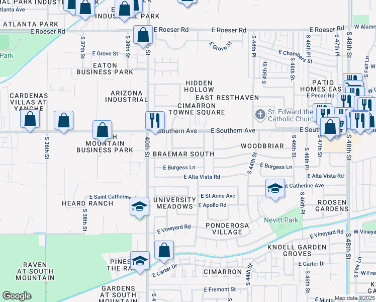 map of restaurants, bars, coffee shops, grocery stores, and more near 4144 East Pleasant Lane in Phoenix