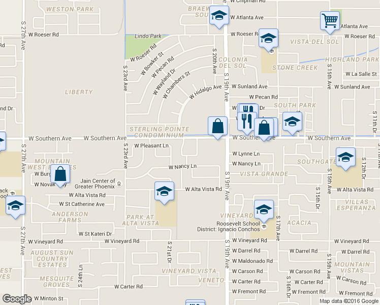 map of restaurants, bars, coffee shops, grocery stores, and more near 2016 West Hasan Drive in Phoenix