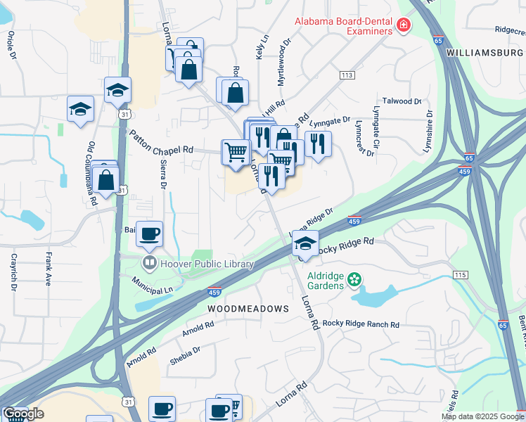 map of restaurants, bars, coffee shops, grocery stores, and more near 107 Hampton Place in Hoover