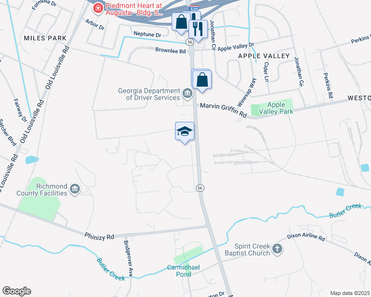 map of restaurants, bars, coffee shops, grocery stores, and more near 3485 Mike Padgett Highway in Augusta