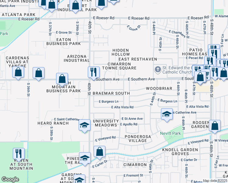 map of restaurants, bars, coffee shops, grocery stores, and more near 4144 East Pleasant Lane in Phoenix
