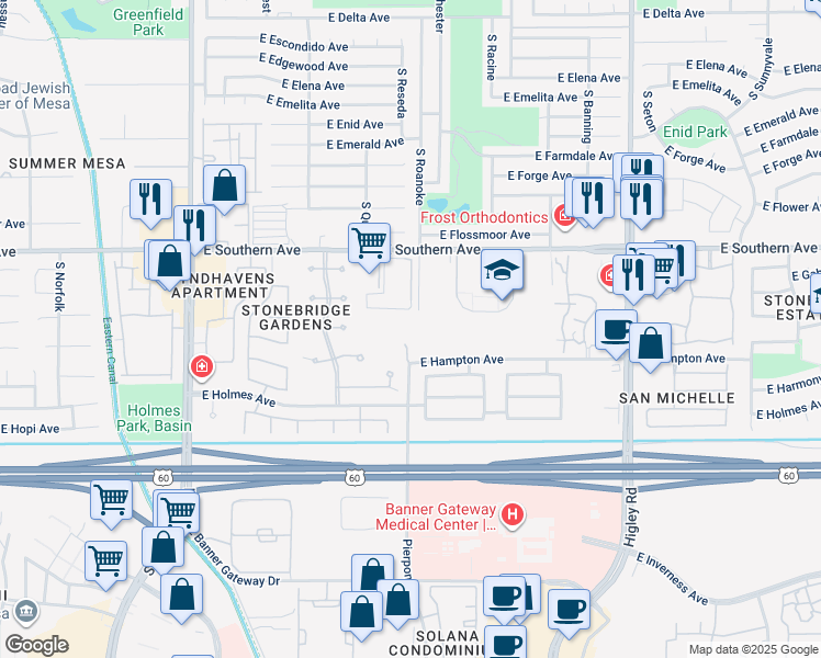 map of restaurants, bars, coffee shops, grocery stores, and more near 4805 East Southern Avenue in Mesa