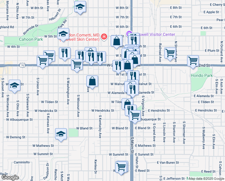 map of restaurants, bars, coffee shops, grocery stores, and more near 209 West Alameda Street in Roswell