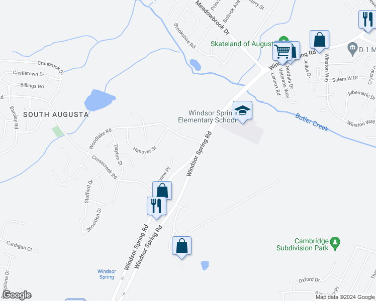 map of restaurants, bars, coffee shops, grocery stores, and more near 3503 Windsor Spring Road in Hephzibah