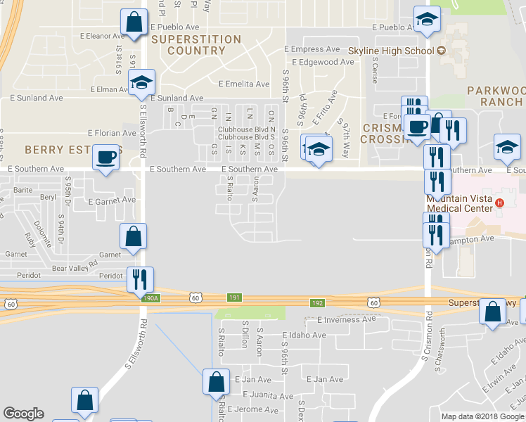 map of restaurants, bars, coffee shops, grocery stores, and more near 291 South Aaron in Mesa