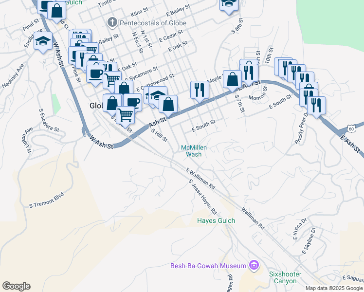 map of restaurants, bars, coffee shops, grocery stores, and more near 707 South East Street in Globe