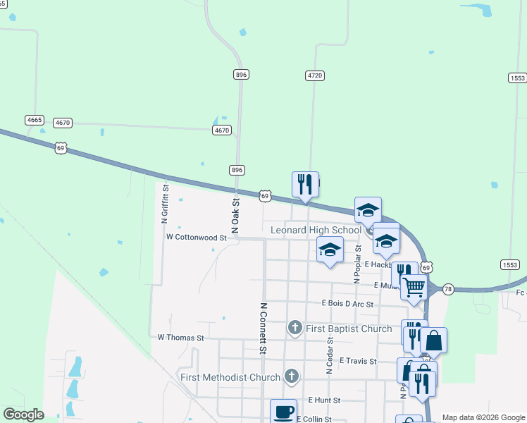 map of restaurants, bars, coffee shops, grocery stores, and more near 108 West Short Street in Leonard