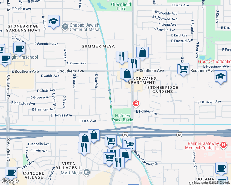 map of restaurants, bars, coffee shops, grocery stores, and more near 1350 South Greenfield Road in Mesa