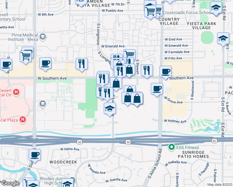 map of restaurants, bars, coffee shops, grocery stores, and more near 1230 S Longmore in Mesa