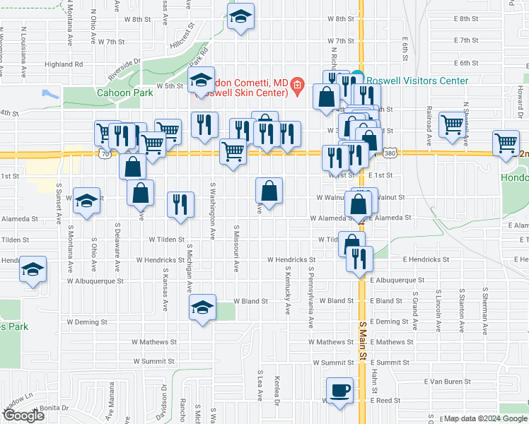 map of restaurants, bars, coffee shops, grocery stores, and more near 209 South Lea Avenue in Roswell