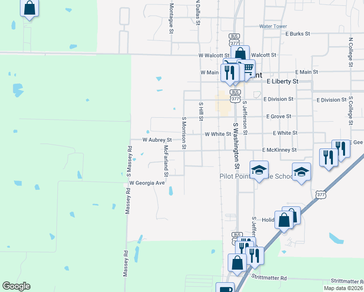 map of restaurants, bars, coffee shops, grocery stores, and more near 500 South Morrison Street in Pilot Point