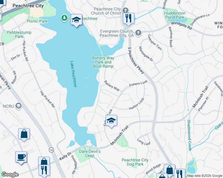 map of restaurants, bars, coffee shops, grocery stores, and more near 204 Battery Way in Peachtree City
