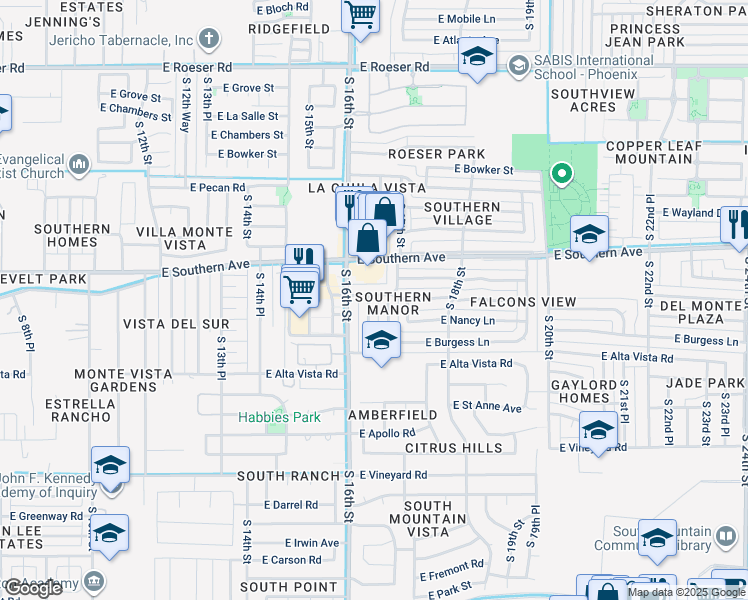 map of restaurants, bars, coffee shops, grocery stores, and more near 6201 South 16th Place in Phoenix