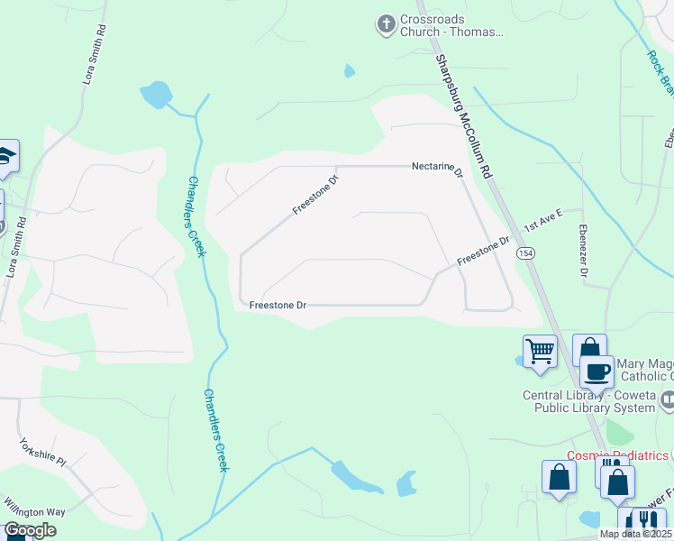 map of restaurants, bars, coffee shops, grocery stores, and more near 130 Crawford Circle in Newnan