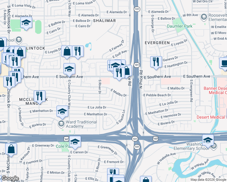 map of restaurants, bars, coffee shops, grocery stores, and more near South Bala Drive in Tempe