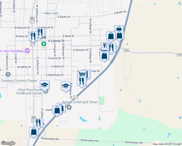 map of restaurants, bars, coffee shops, grocery stores, and more near 565 East Gee Street in Pilot Point