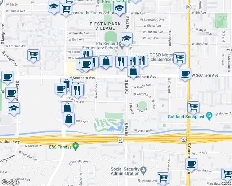 map of restaurants, bars, coffee shops, grocery stores, and more near 855 West Southern Avenue in Mesa