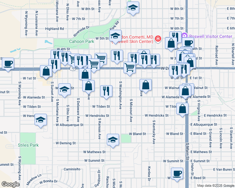 map of restaurants, bars, coffee shops, grocery stores, and more near 204 South Washington Avenue in Roswell