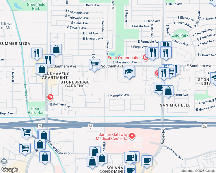 map of restaurants, bars, coffee shops, grocery stores, and more near 4805 East Southern Avenue in Mesa