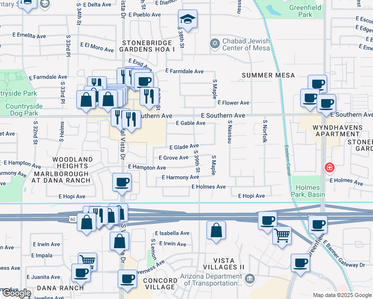 map of restaurants, bars, coffee shops, grocery stores, and more near 3845 East Glade Avenue in Mesa