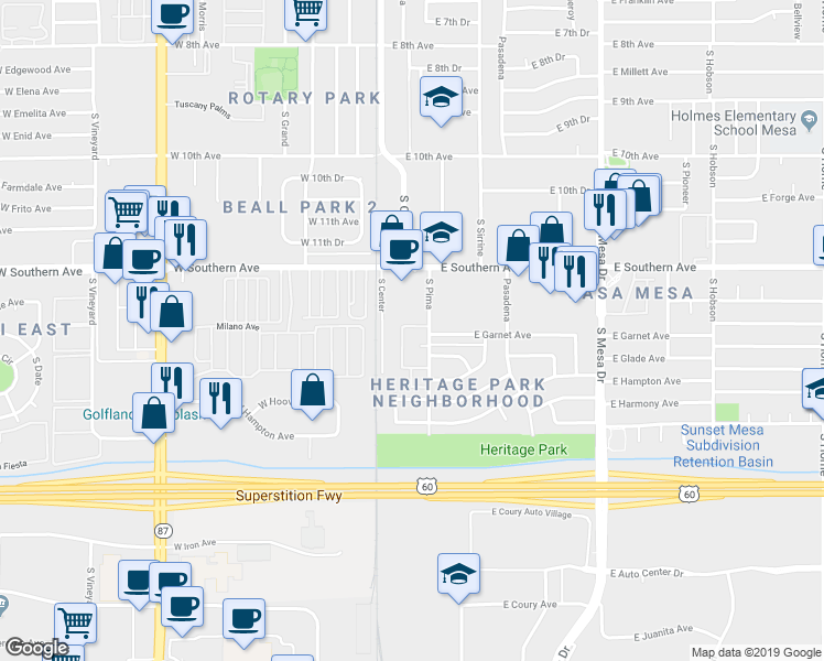 map of restaurants, bars, coffee shops, grocery stores, and more near 1315 South Center in Mesa
