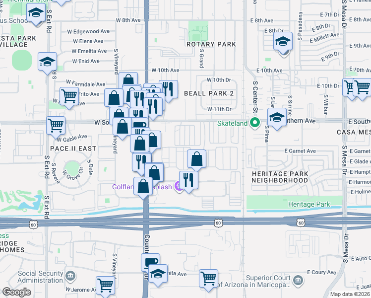 map of restaurants, bars, coffee shops, grocery stores, and more near 235 West Southern Avenue in Mesa